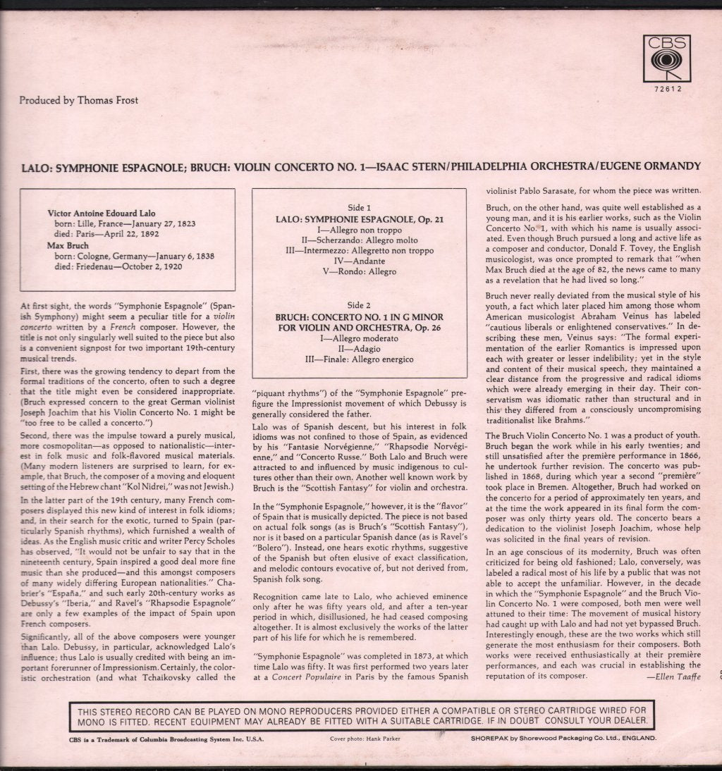 Isaac Stern / Eugene Ormandy / Philadelphia Orchestra - Lalo - Violin Konzert Nr. 1 G-Moll, Op. 26 / Symphonie Espagnole, Op. 21, - Lp
