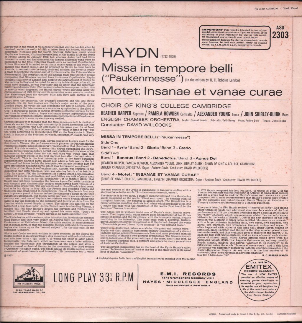 Heather Harper / Pamela Bowden / Alexander Young / John Shirley-Quirk / Choir Of King's College, Cambridge - Haydn - Missa In Tempore Belli (Paukenmesse) - Lp