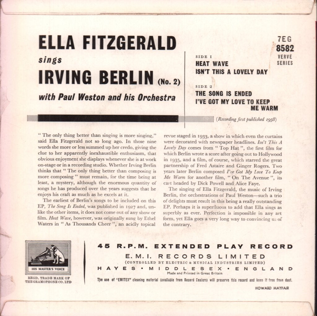 Ella Fitzgerald With Paul Weston And His Orchestra - Sings Irving Berlin (No. 2) - 7 Inch