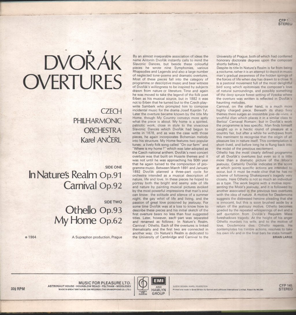 Karel Ancerl / Czech Philharmonic Orchestra - Dvorak Overtures - Othello, My Home, In Nature's Realm, Carnival Overture - Lp