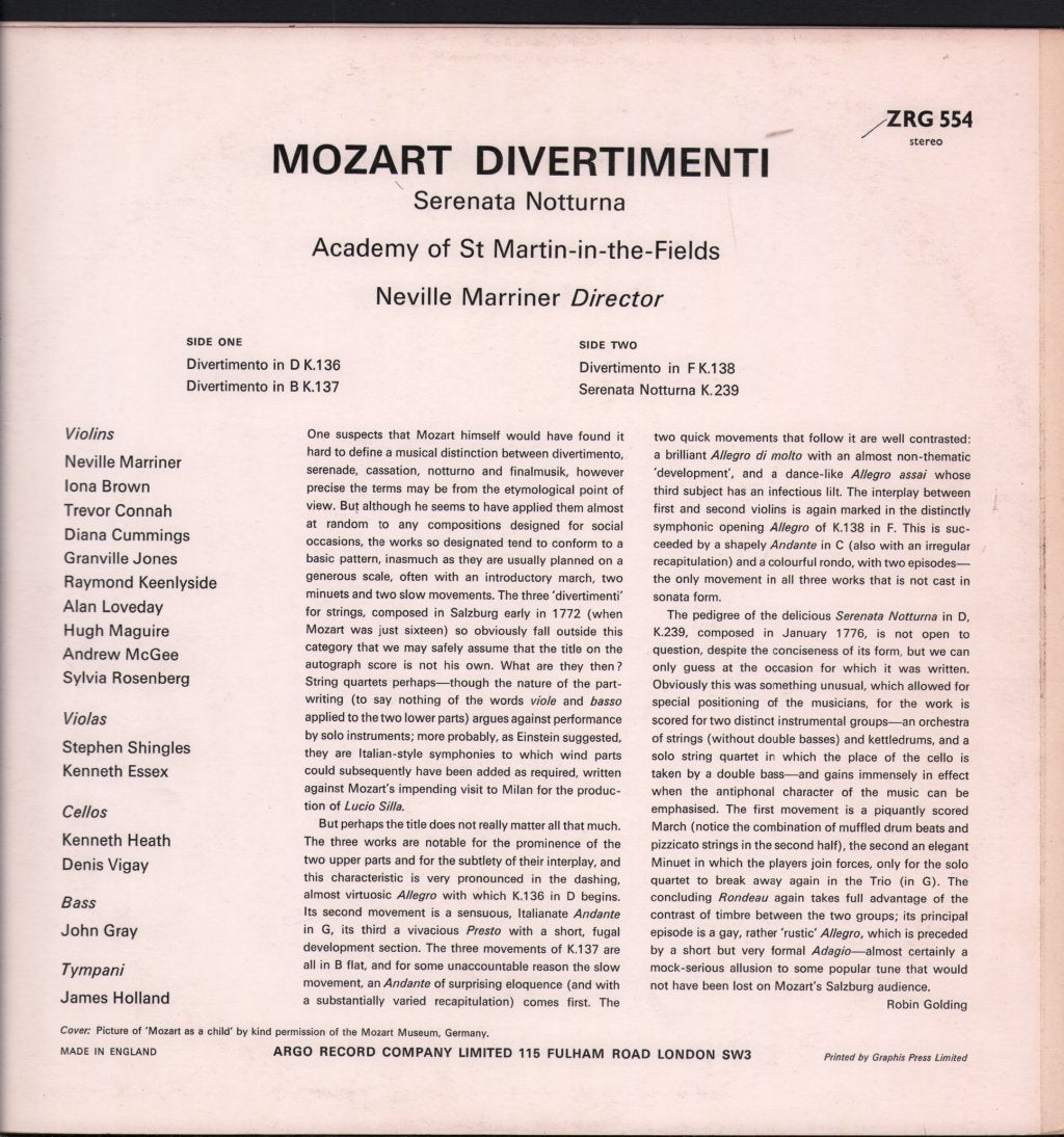 Neville Marriner / Academy Of St. Martin In The Fields - W.A. Mozart - Three Divertimenti For Strings / Serenata Notturna - Lp