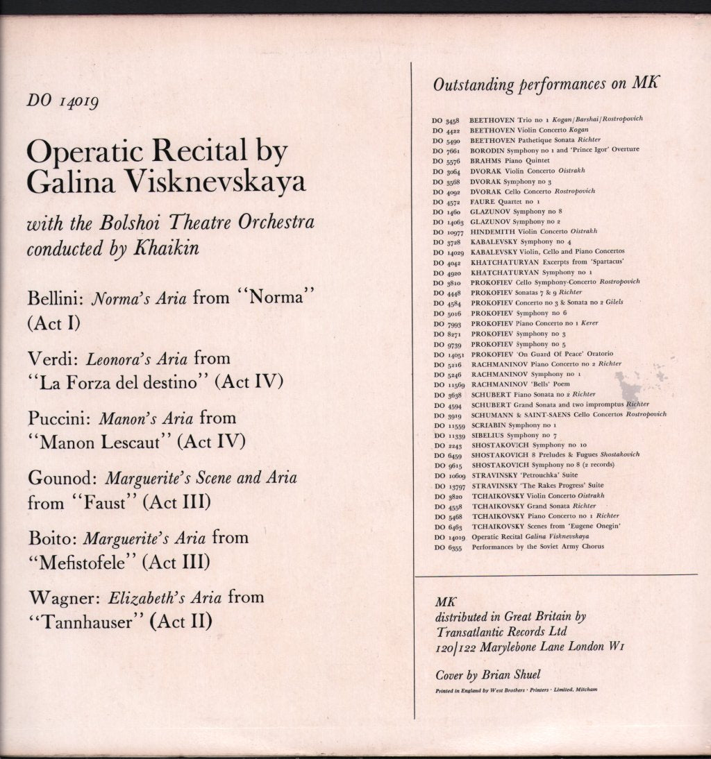 Galina Visknevskaya / Bolshoi Theatre Orchestra / Boris Khaikin - Operatic Recital by Galina Visknevskaya - Lp