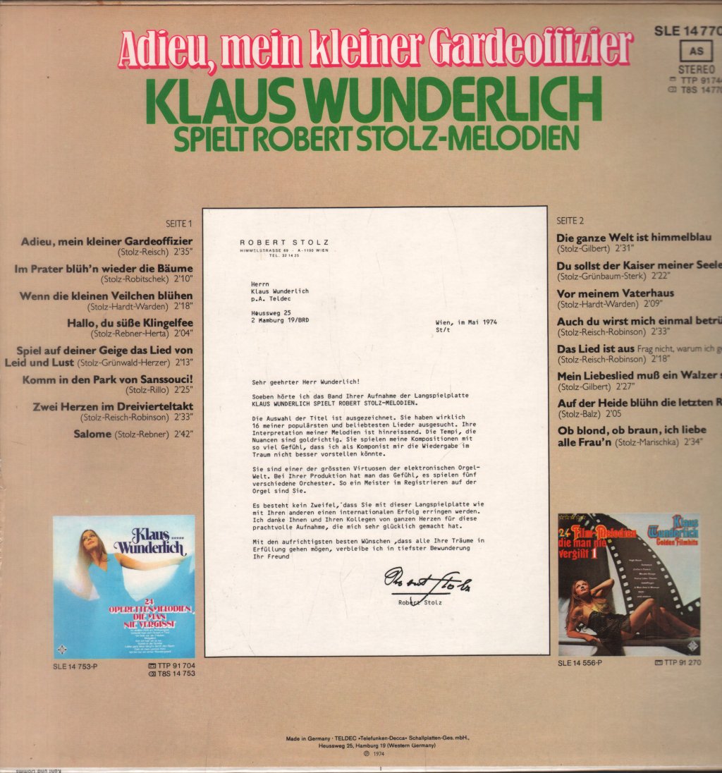 Klaus Wunderlich - Adieu, Mein Kleiner Gardeoffizier - Klaus Wunderlich Spielt Robert Stolz-Melodien - Lp