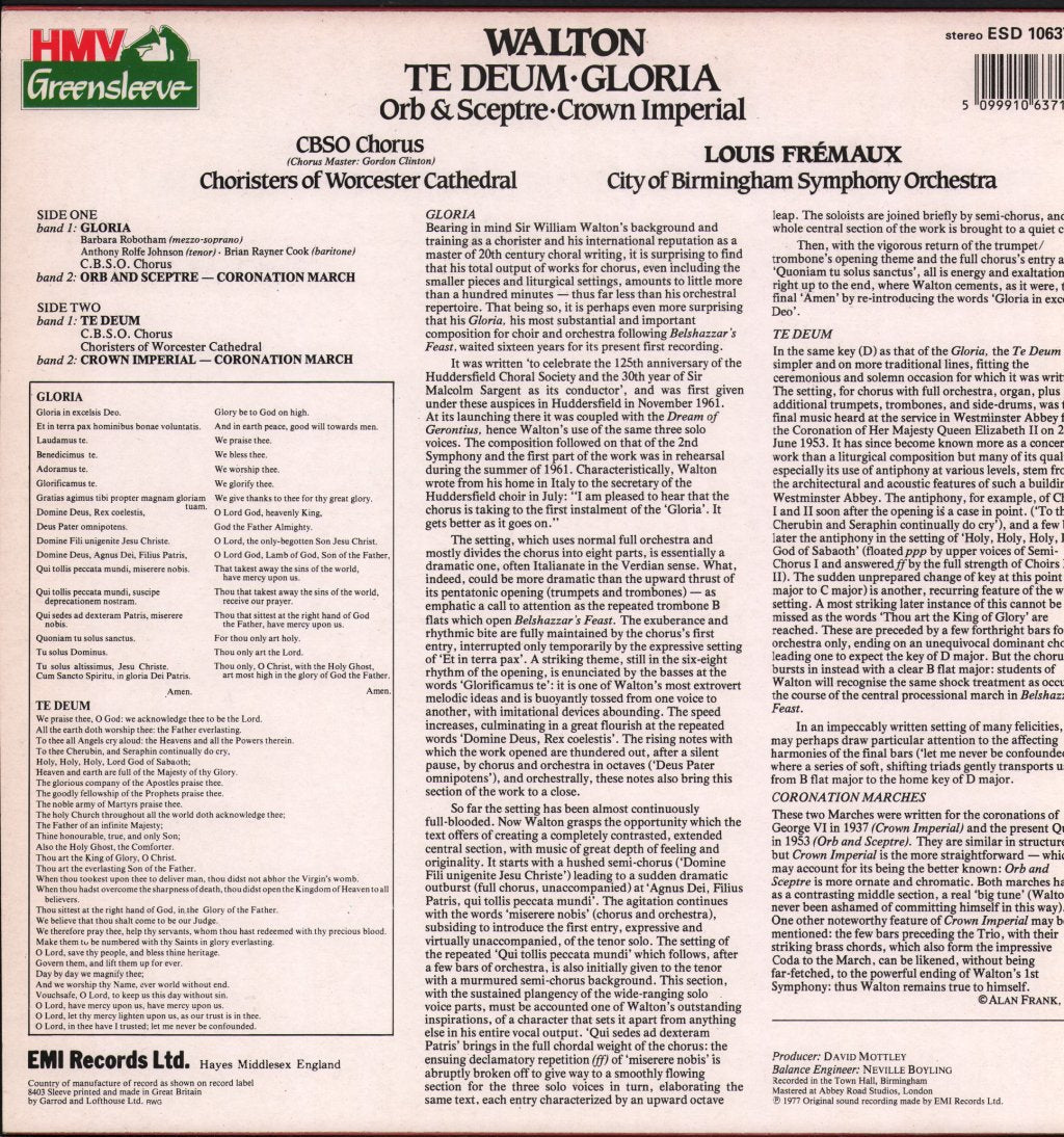 Louis Fremaux / City Of Birmingham Symphony Orchestra - Walton - Te Deum / Gloria - Lp