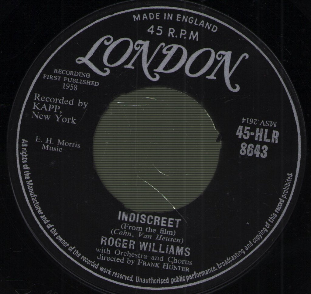 Roger Williams - Indiscreet / Young And Warm And Wonderful - 7 Inch