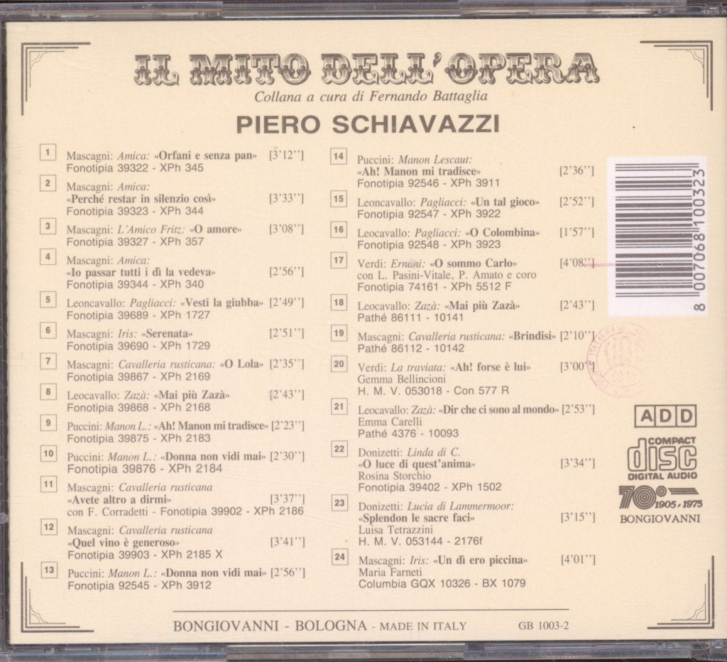 Piero Schiavazzi - Il Mito Dell' Opera - Cd