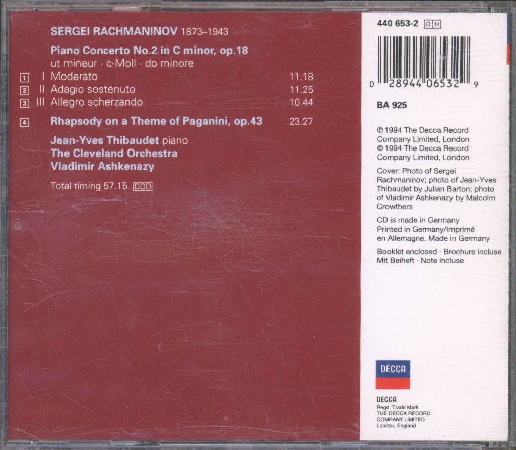 Jean-Yves Thibaudet, The Cleveland Orchestra, Vladimir Ashkenaz - Rachmaninov - Piano Concerto No. 2 / Paganini Rhapsody - Cd