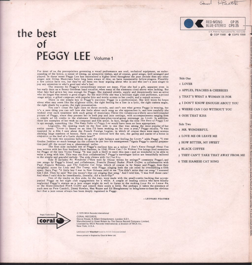 Peggy Lee - Best Of Vol 1 - Lp