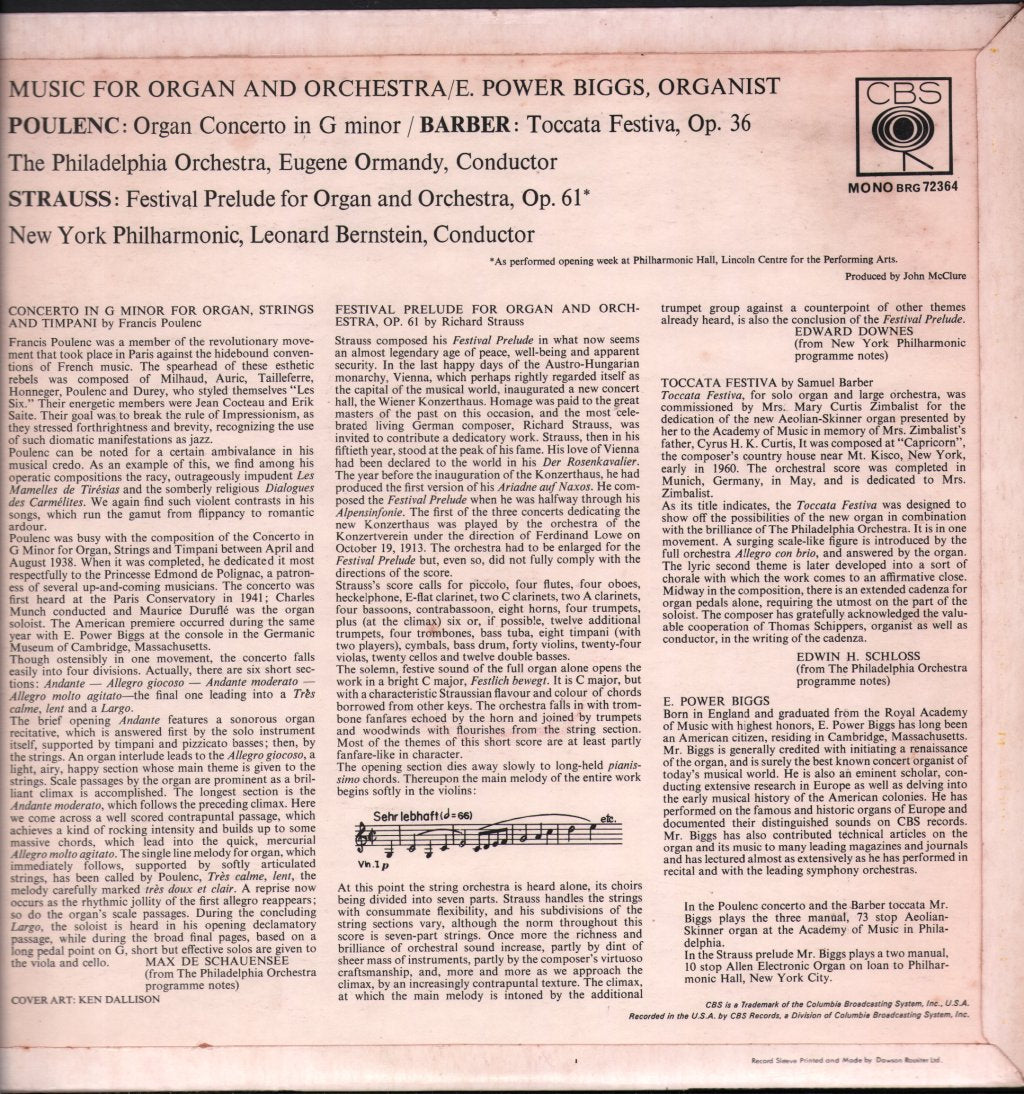 E. Power Biggs / New York Philharmonic / Leonard Bernstein / Eugene Ormandy / Philadelphia Orchestra - Music For Organ And Orchestra - Lp