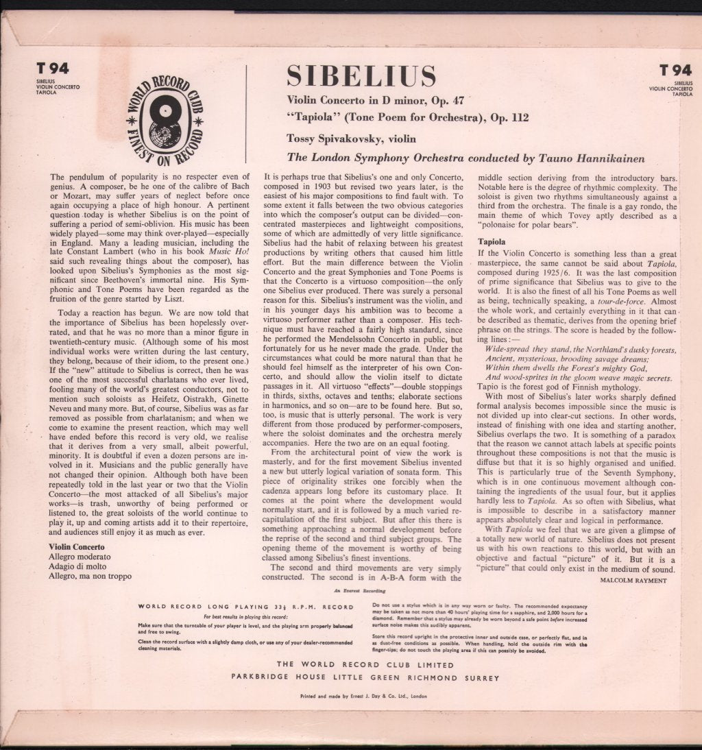 Tossy Spivakovsky / London Symphony Orchestra / Tauno Hannikainen - Sibelius - Violin Concerto / Tapiola - Lp