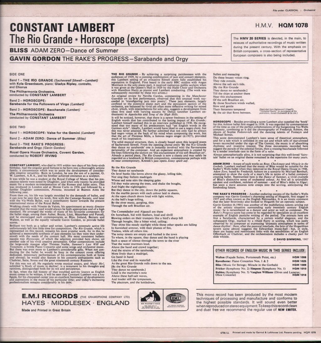Constant Lambert / Philharmonia Orchestra / Robert Irving / Royal Opera House Orchestra, Covent Garden - Constant Lambert - Rio Grande / Bliss - Adam Zero - Dance of Summer - Lp