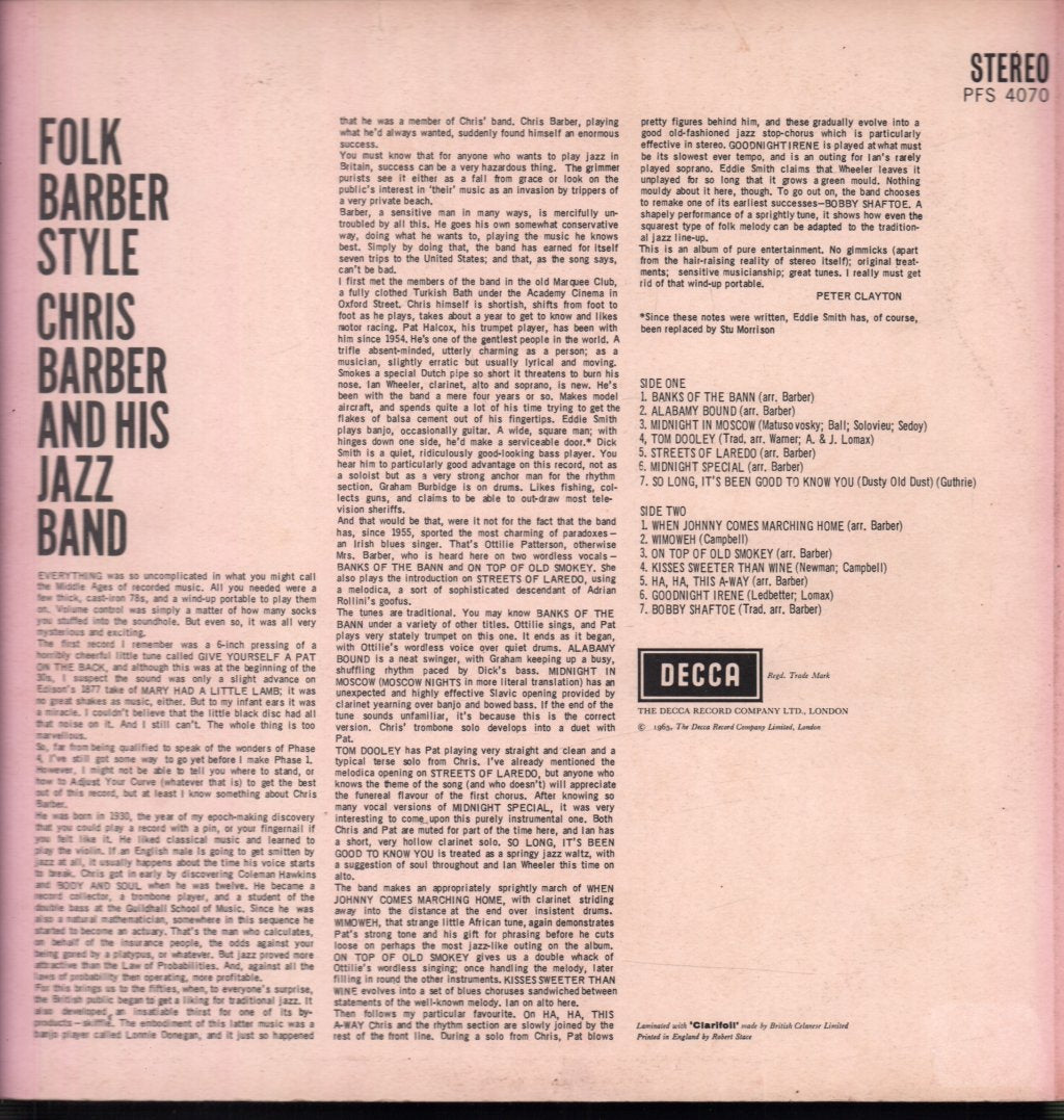Chris Barber And His Jazz Band - Folk Barber Style - Lp