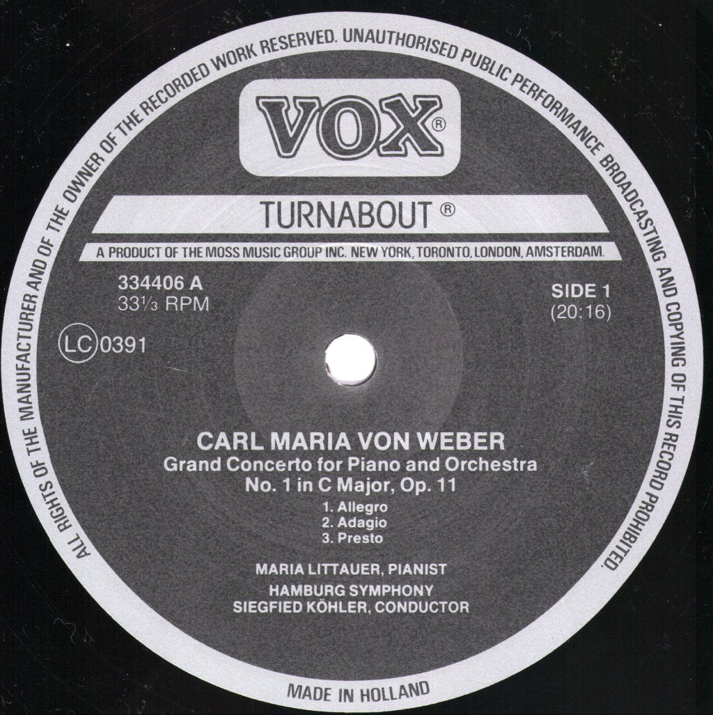 Maria Littauer / Hamburg Symphony / Siegfried Kohler - Carl Maria  von Weber - Works For Piano And Orchestra - Lp