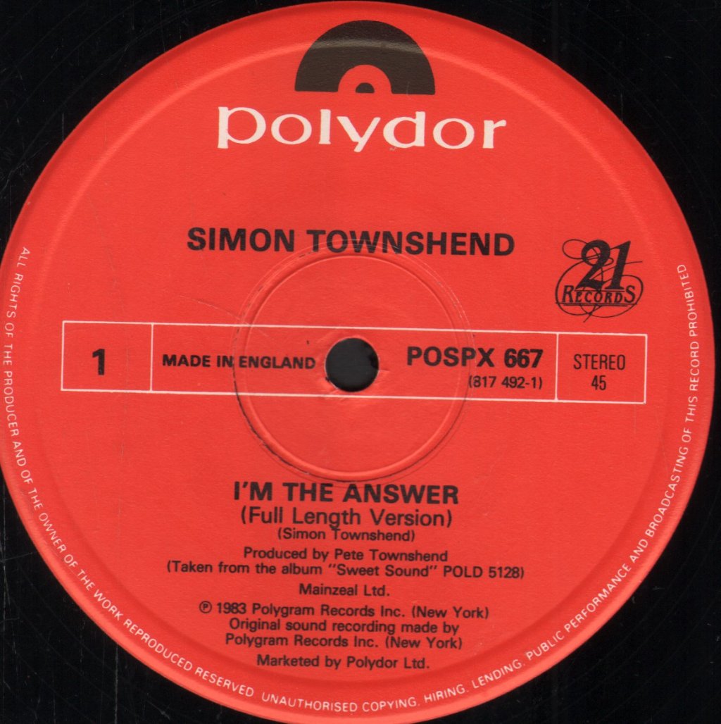 Simon Townshend - I'm The Answer - 12 Inch