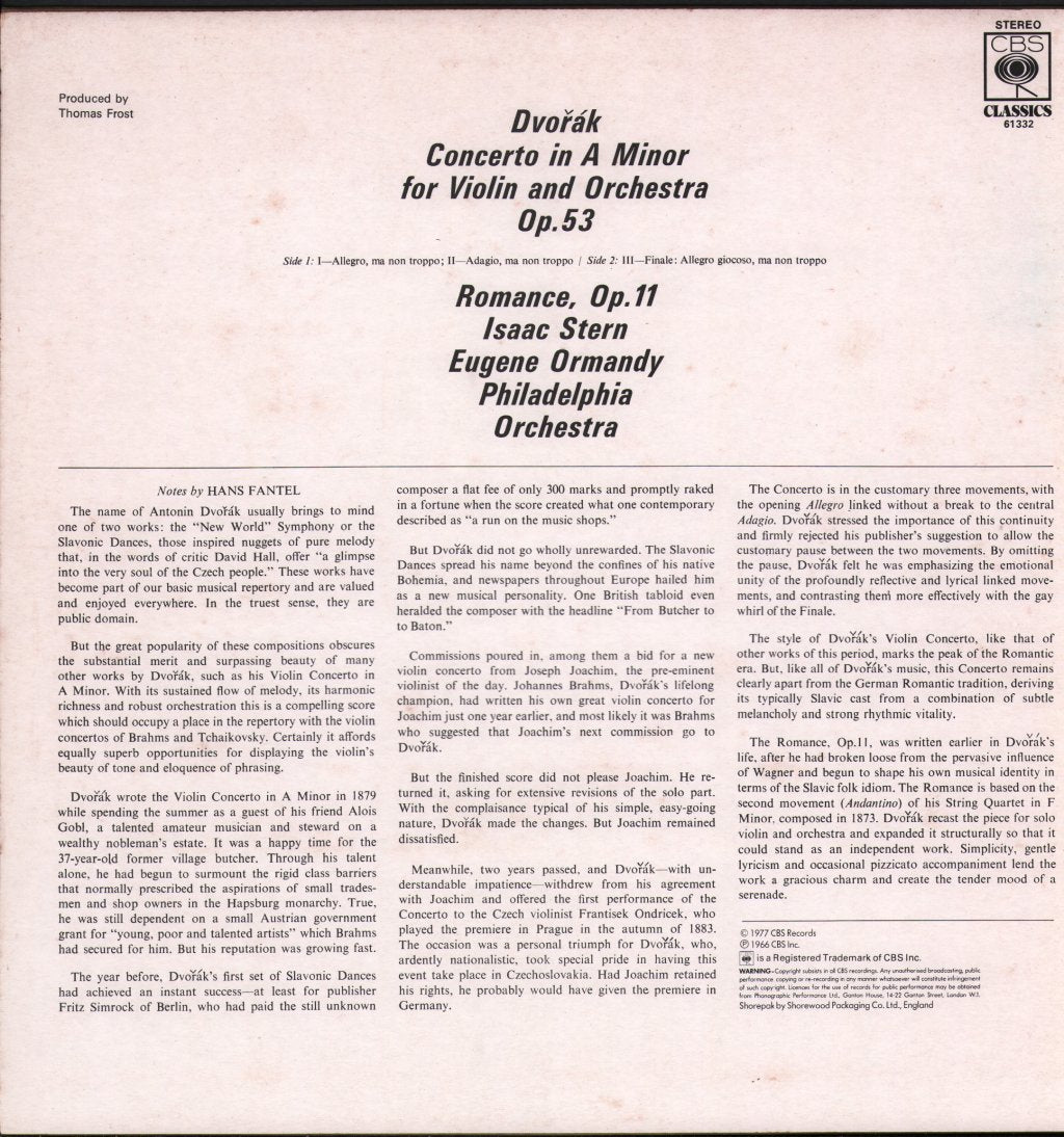 Isaac Stern / Eugene Ormandy / Philadelphia Orchestra - Dvorak - Konzert A-Moll Für Violine Und Orchester, Romanze Für Violine Und Orchester - Lp