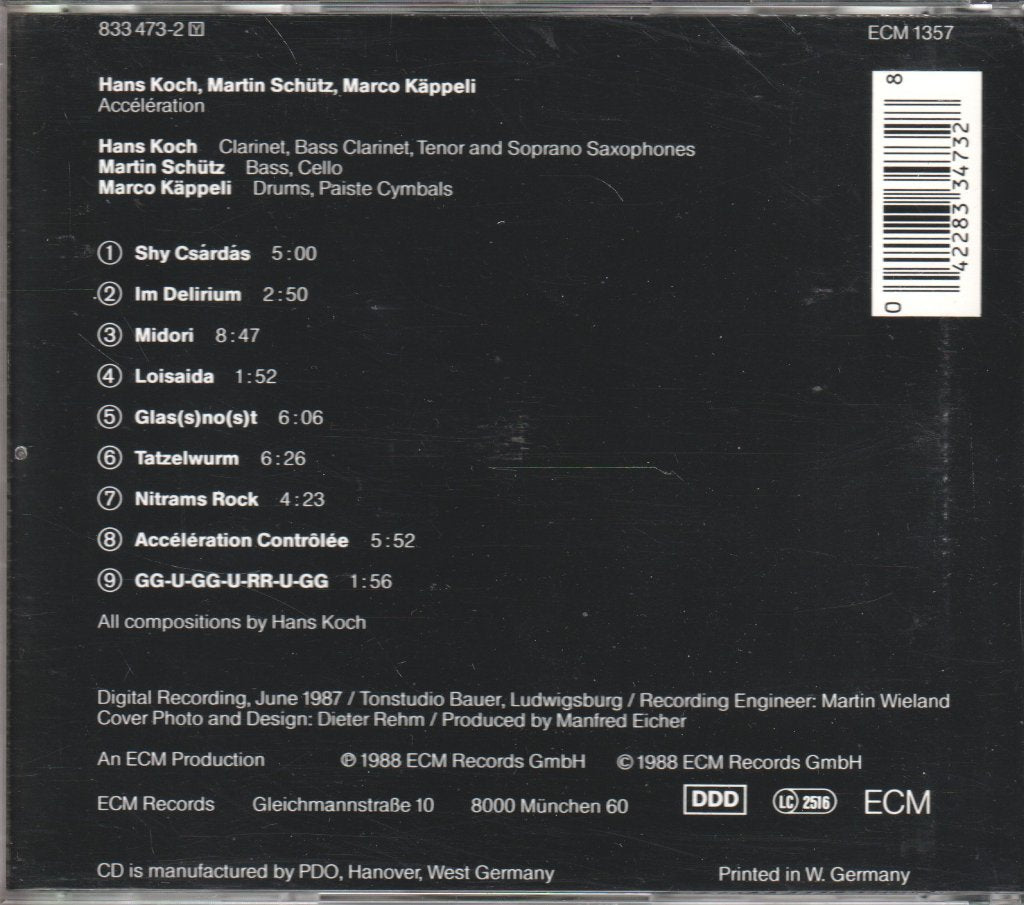 Hans Koch / Martin Schutz / Marco Kappeli - Acceleration - Cd