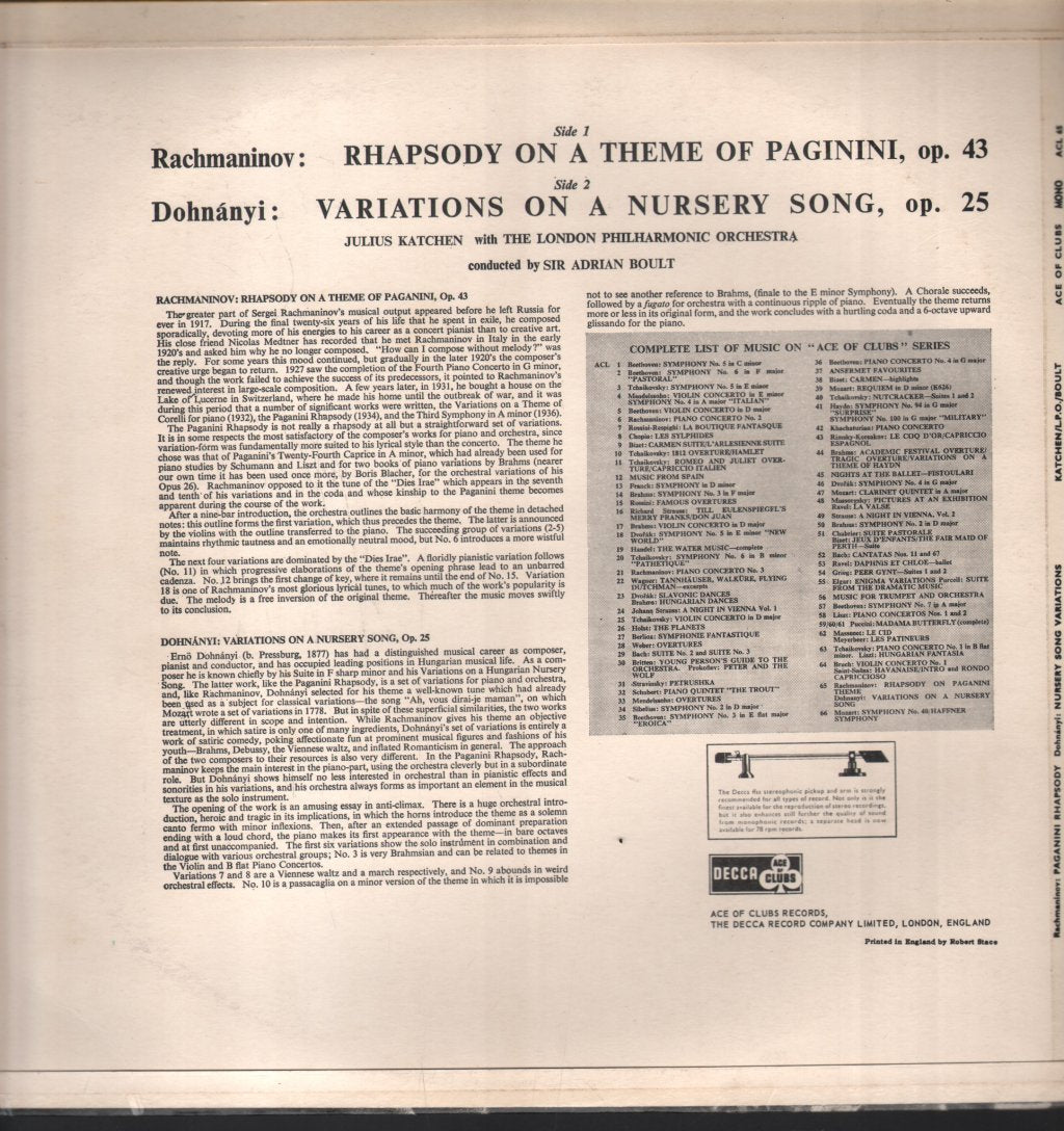 Julius Katchen / Sir Adrian Boult / London Philharmonic Orchestra - Rachmaninov - Rhapsody On A Theme Of Paganini / Dohnányi - Variations On A Nursery Song - Lp