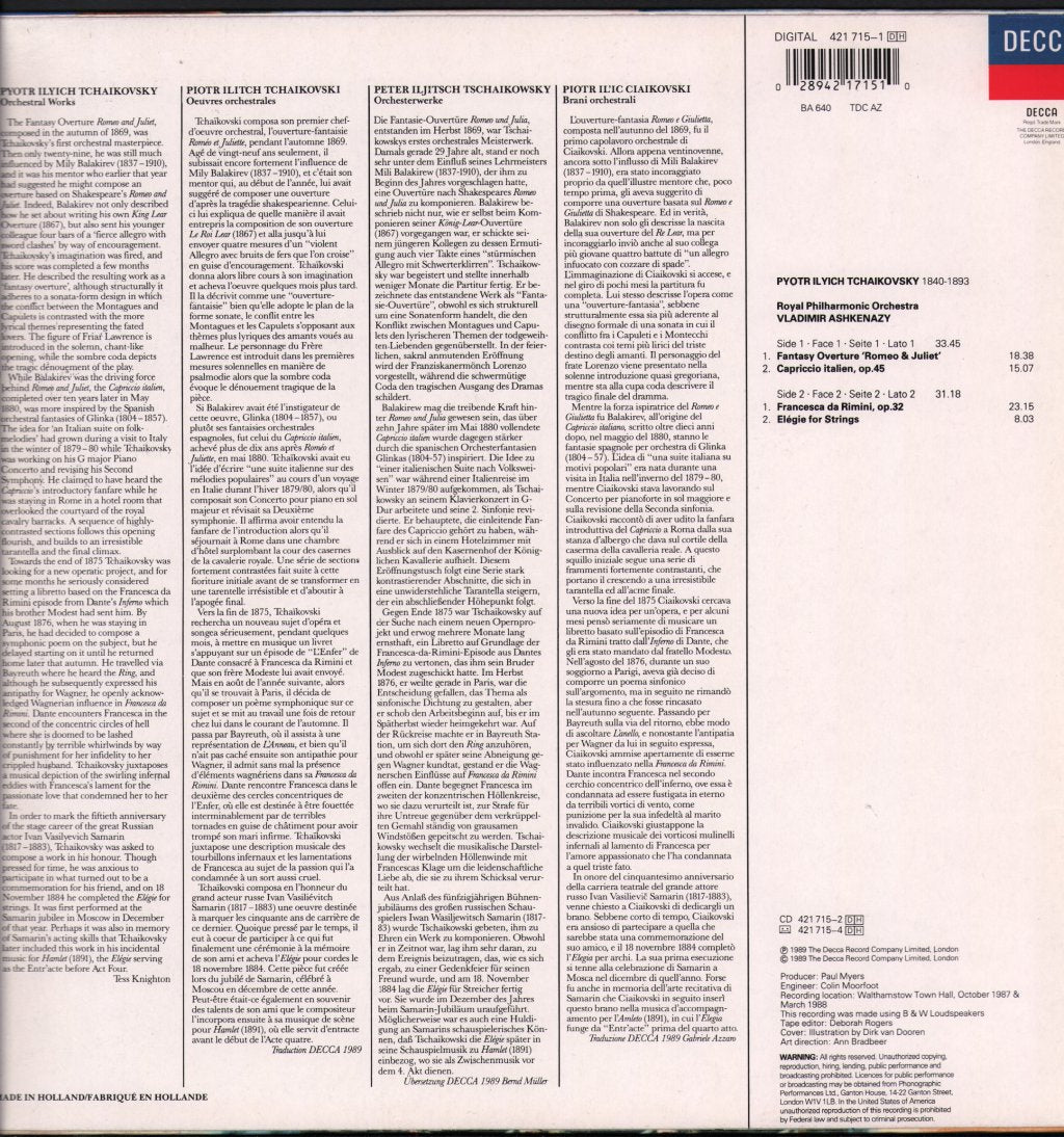 Vladimir Ashkenazy / Royal Philharmonic Orchestra - Tchaikovsky - Romeo And Juliet - Lp
