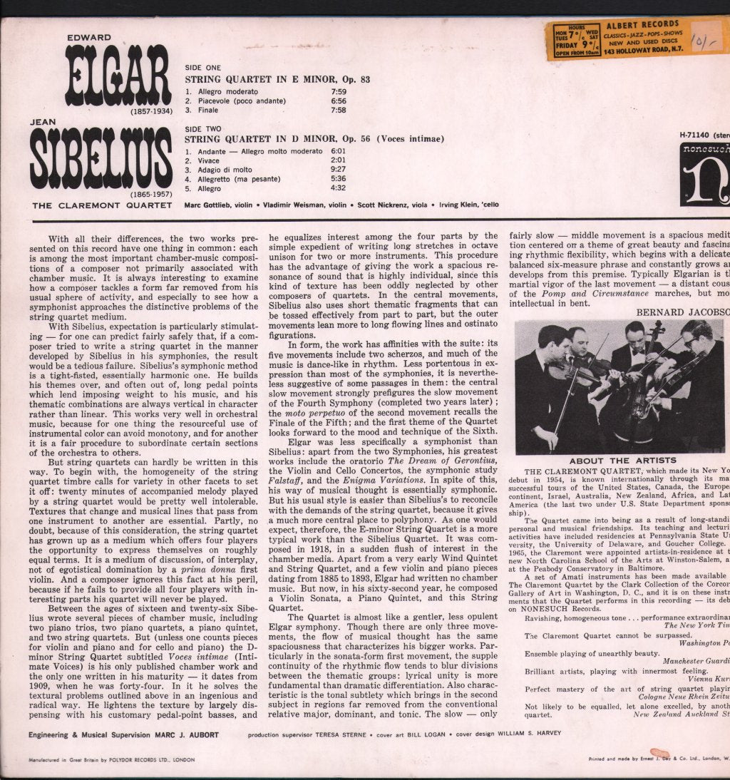 Claremont Quartet - Elgar - String Quartet In E Minor Op. 83 / Sibelius - String Quartet In D Minor (Voces Intimae) Op. 56 - Lp