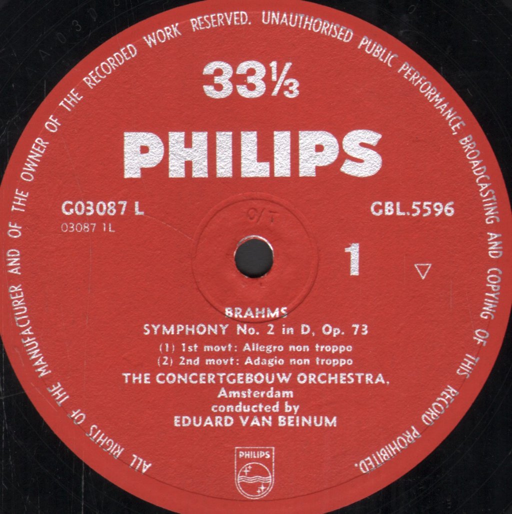 Eduard Van Beinum / Concertgebouw Orchestra - Brahms - Symphony No. 2 In D, Op. 73 - Lp