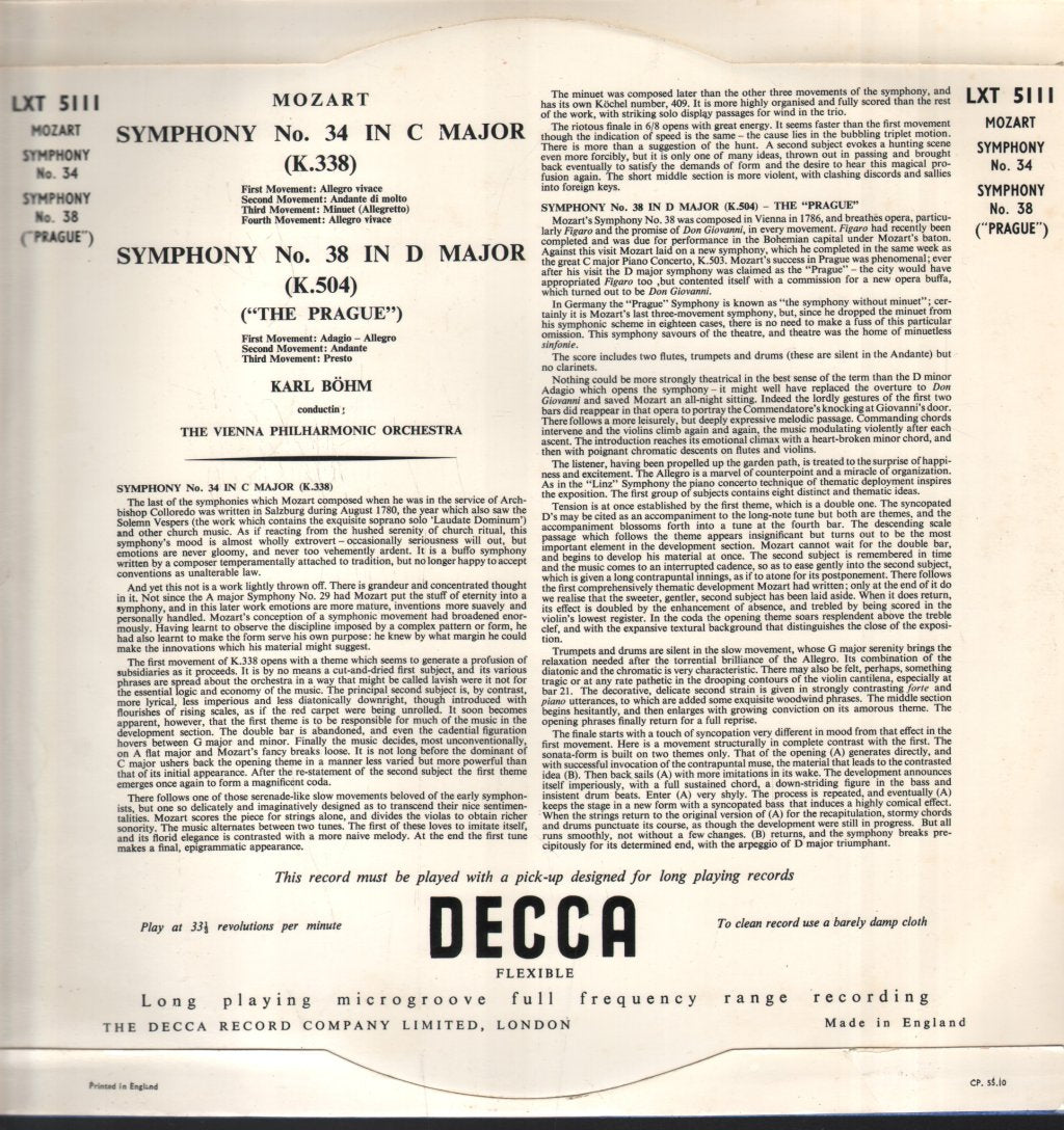 Karl Bohm / Vienna Philharmonic Orchestra - Mozart - Symphonies Nos. 34 & 38 - Lp