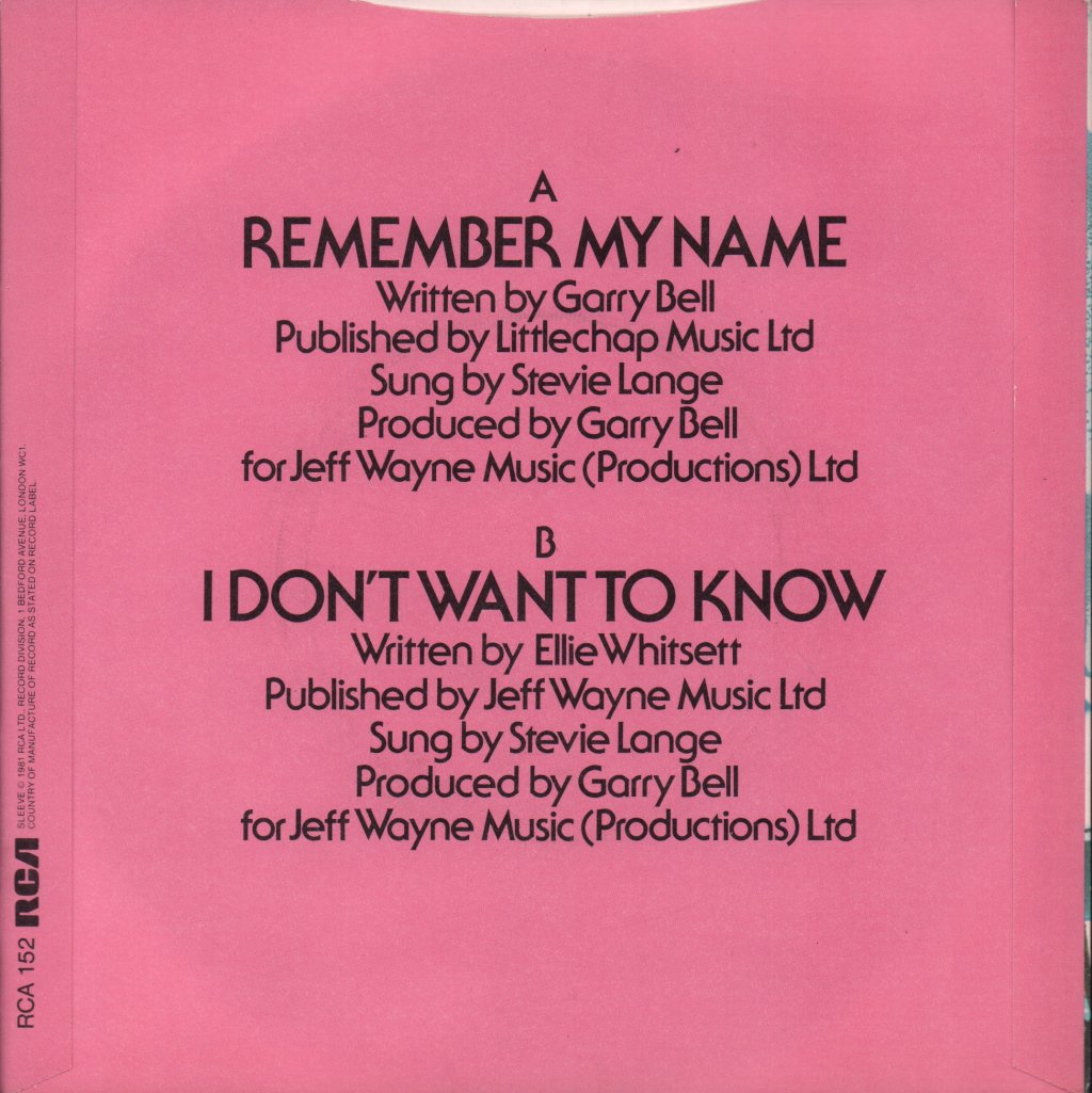 Stevie Lange - Remember My Name - 7 Inch