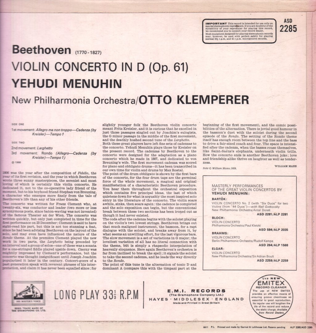 New Philharmonia Orchestra - Beethoven Violin Concerto Yehudi Menuhin - Lp