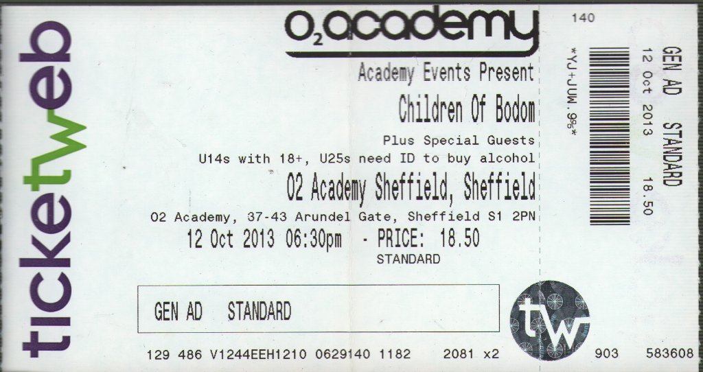 Children Of Bodom - Sheffield 02 Academy, 12th October 2013 - Ticket