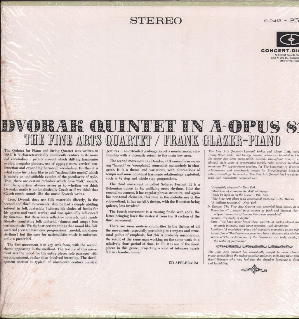 Frank Glazer / Fine Arts Quartet - Dvorak - Quintet In A Major For Piano And Strings - Lp