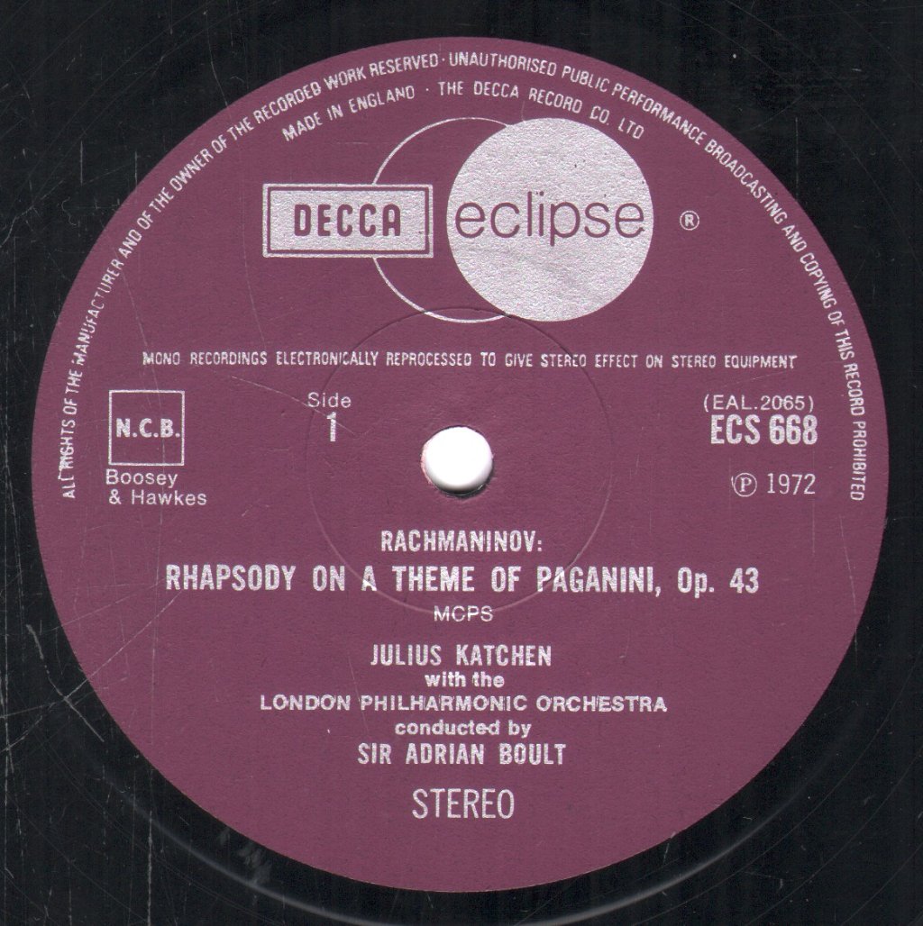 Julius Katchen / London Philharmonic Orchestra / Sir Adrian Boult - Rachmaninov - Rhapsody On A Theme Of Paganini / Dohnányi - Variations On A Nursery Tune - Lp