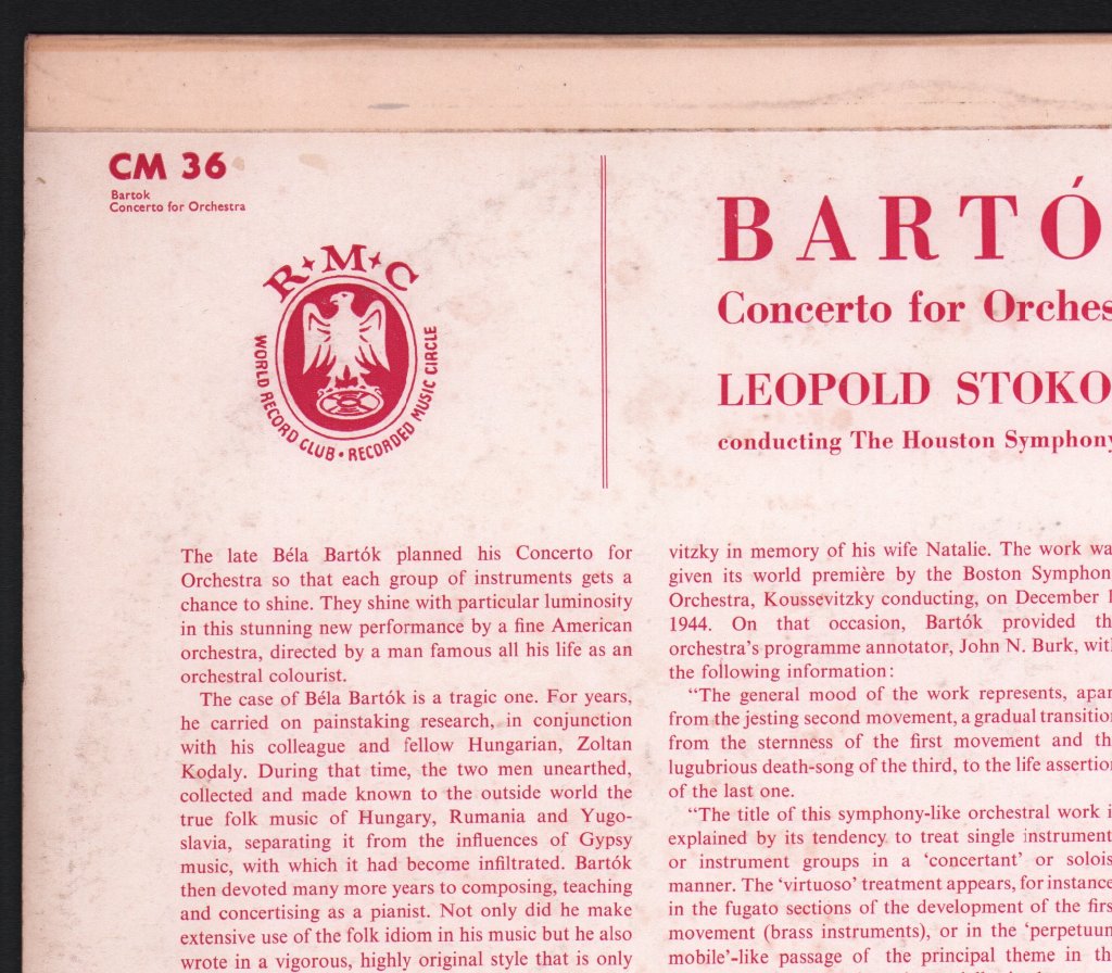 Leopold Stokowski / Houston Symphony Orchestra - Bartok - Concerto for Orchestra - Lp