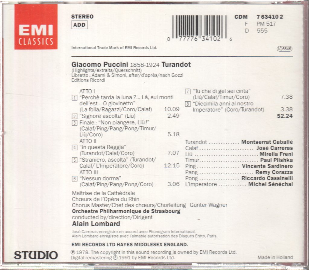 Orchestre Philharmonique De Strasbourg, Alain Lombard - Puccini - Turandot Highlights = Extraits = Querschnitt - Cd