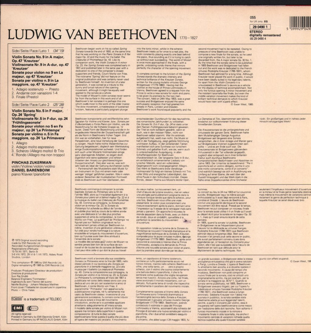 Pinchas Zukerman / Daniel Barenboim - Beethoven - Kreutzer Sonata / Spring Sonata - Lp