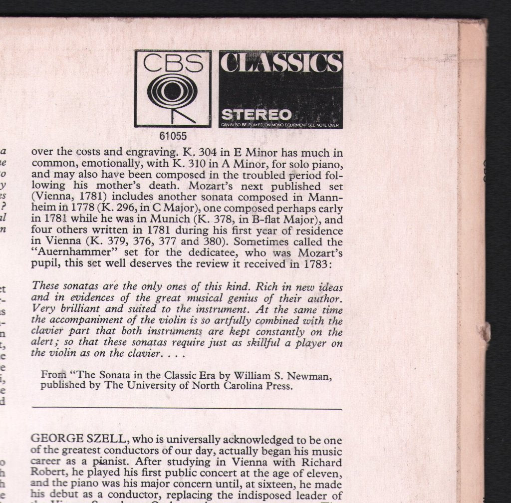 George Szell / Rafael Druian - Mozart - Four Sonatas For Piano And Violin - Lp