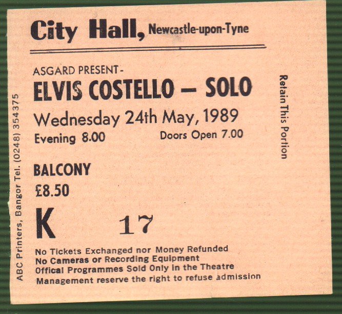 Elvis Costello - City hall, Newcastel-Upon-Tyne 24/05/1989 - Ticket
