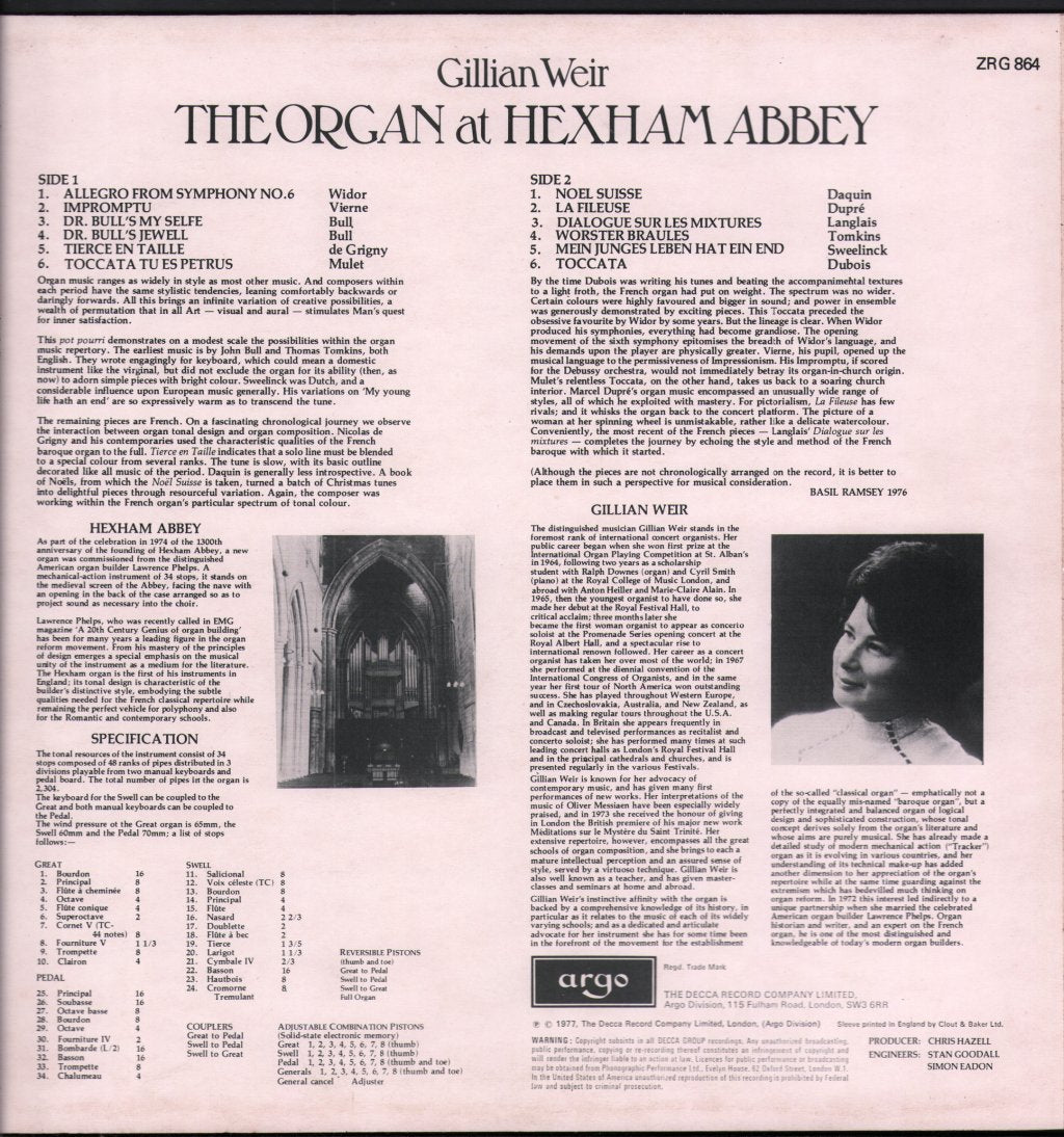 Gillian Weir - Organ At Hexham Abbey - Lp