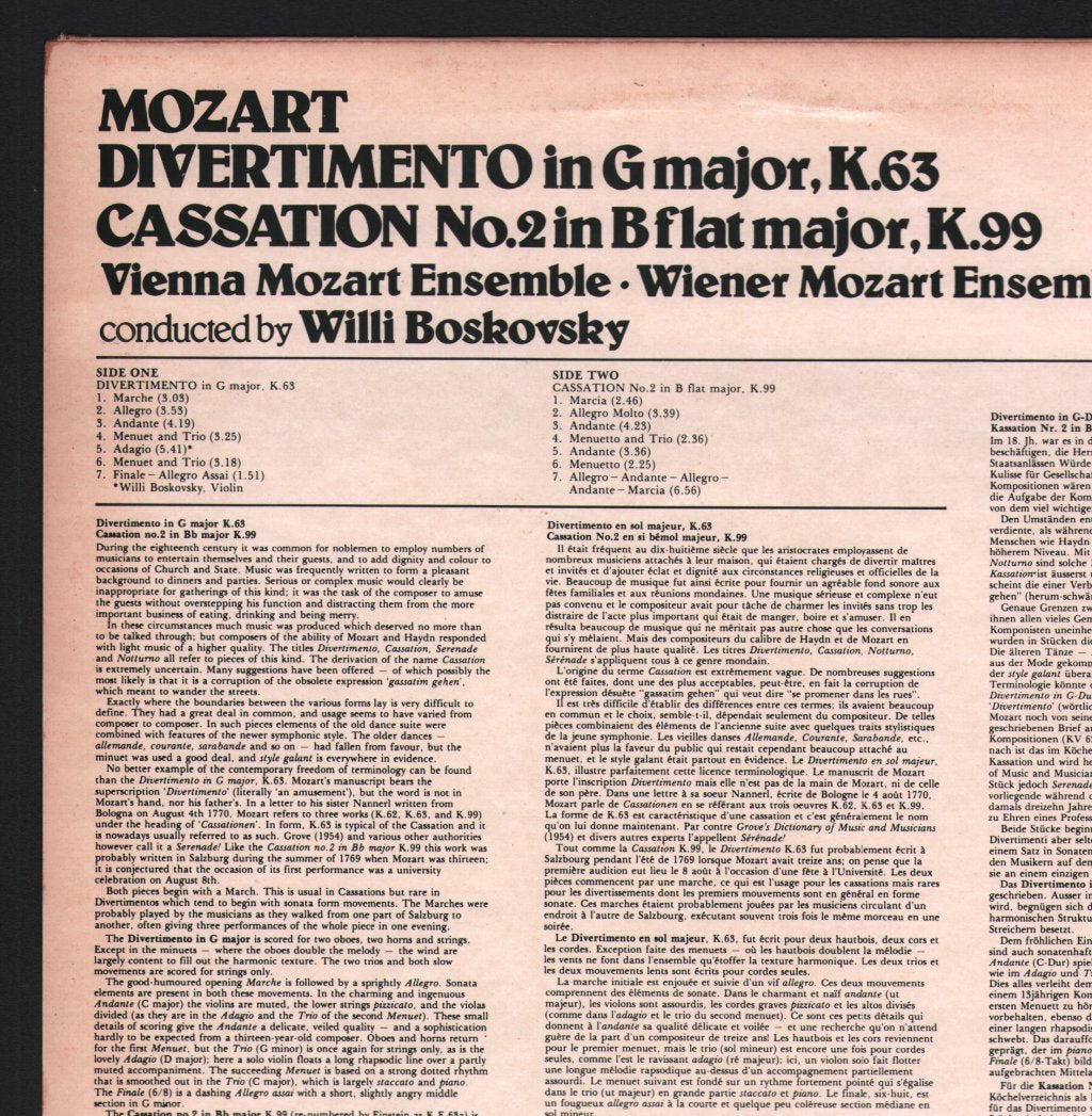 Willi Boskovsky / Vienna Mozart Ensemble - Mozart - Divertimento In G / Cassation No.2 In B Flat - Lp