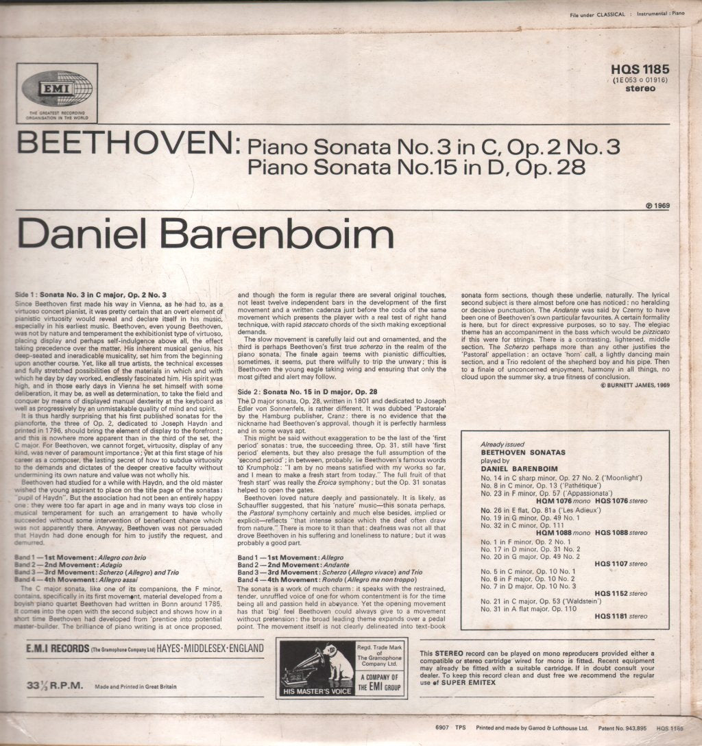 Daniel Barenboim - Beethoven Sonatas: No.15 In D, Op.28 ("Pastoral"); No.3 In C, Op.2 No.3 - Lp