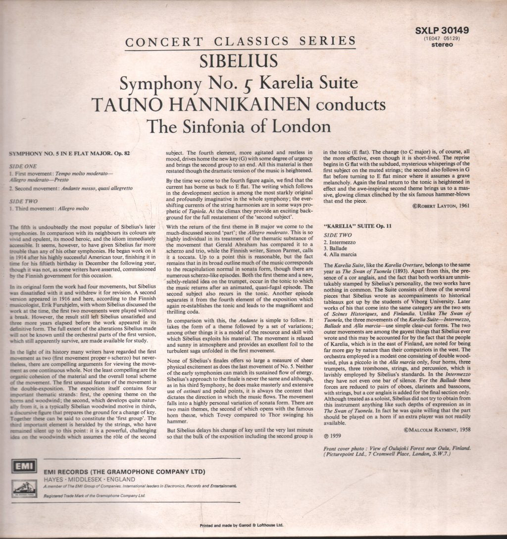 Tauno Hannikainen / Sinfonia Of London - Sibelius - Karelia Suite / Symphony No. 5 - Lp