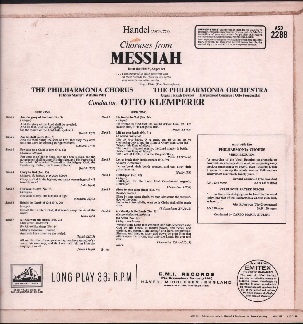 Otto Klemperer / Philharmonia Orchestra and Chorus / Wilhelm Pitz - Handel - Choruses From Messiah - Lp