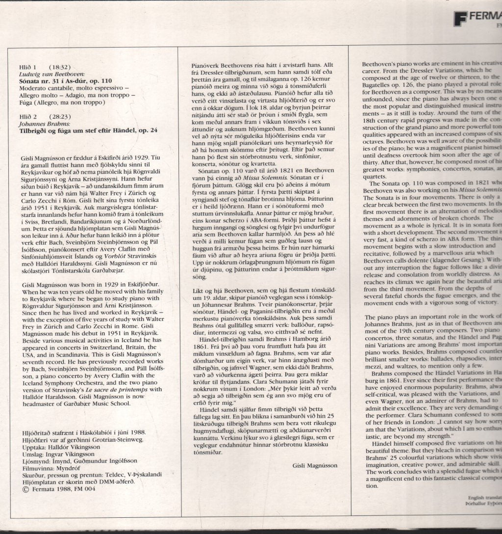 Gisli Magnusson - Beethoven sónata Nr. 31 í As-dúr, op. 110 Brahms Tilbrigði og fúga um stef eftir Handel, op. 24 - Lp