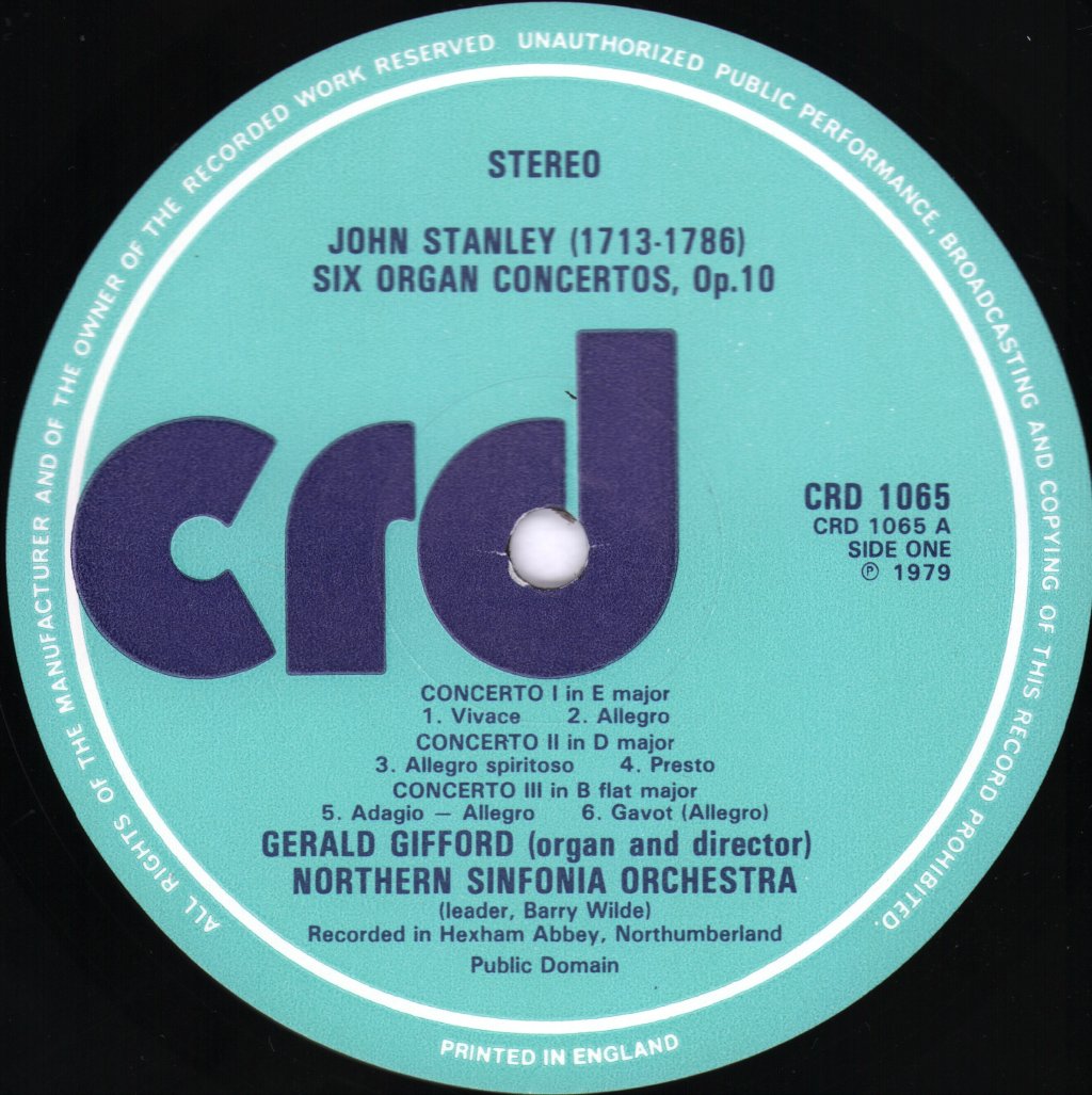 Gerald Gifford / Northern Sinfonia Orchestra - John Stanley - Six Organ Concertos Op.10 - Lp