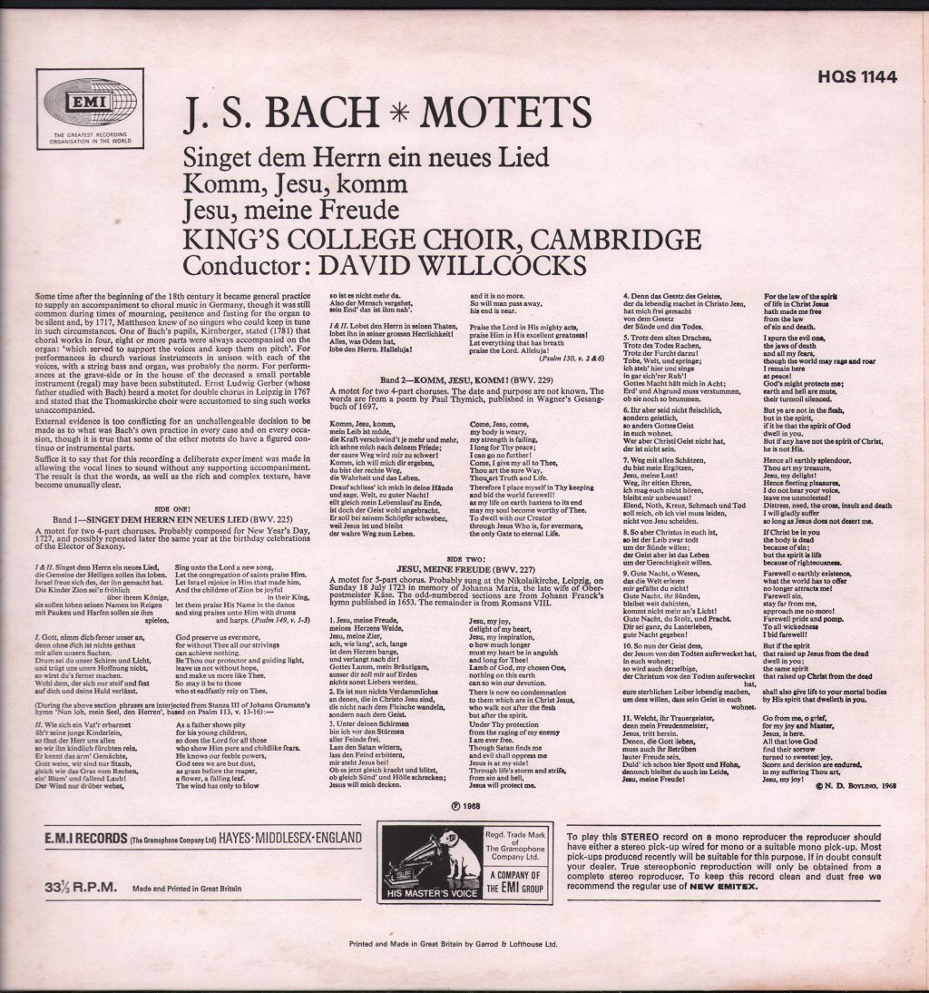 David Willcocks / King's College Choir, Cambridge - J.S. Bach - Motets - Lp