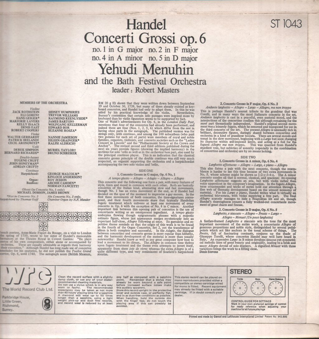 Yehudi Menuhin / Bath Festival Orchestra - Handel - Concerti Grossi Op. 6 - Lp