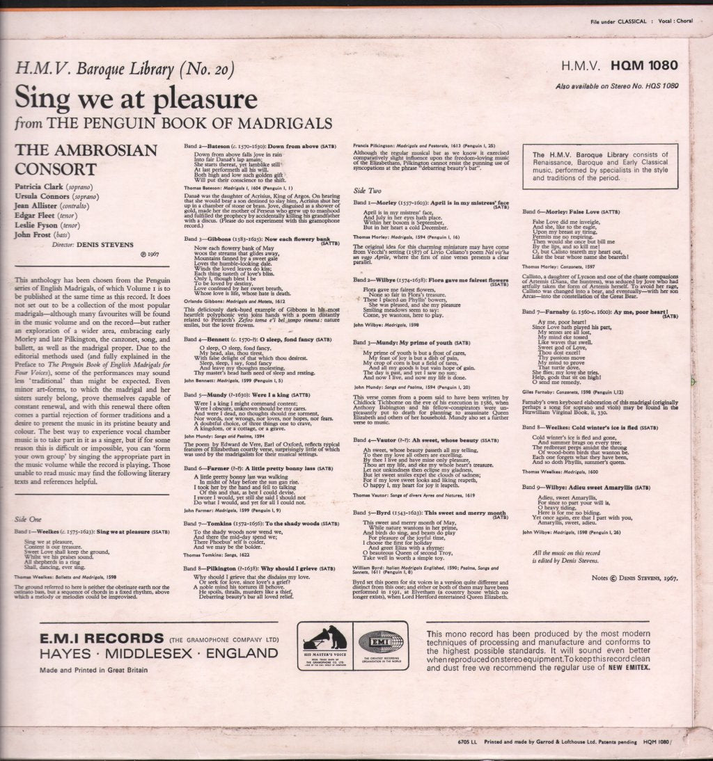 Ambrosian Consort / Denis Stevens - Sing We At Pleasure From The Penguin Book Of English Madrigals - Lp