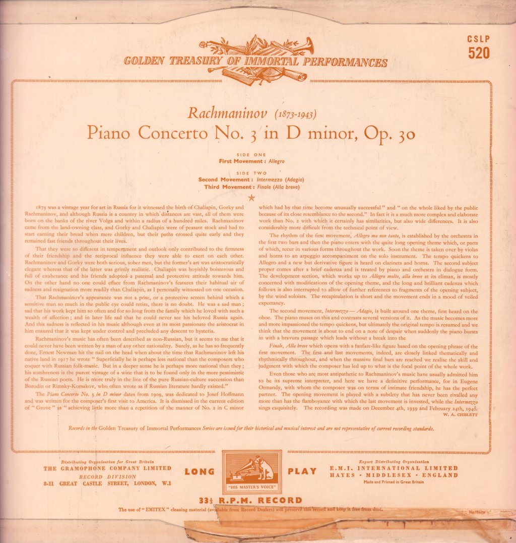 Philadelphia Orchestra - rachmaninov Piano Concerto No. 3 In D Minor, Op. 30 - Lp