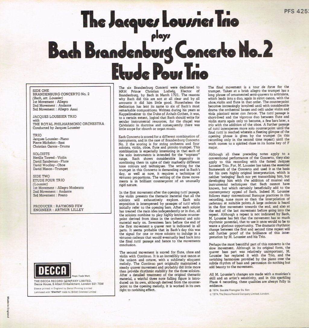 Jacques Loussier Trio - Plays Bach Brandenburg Concerto No 2 - Lp
