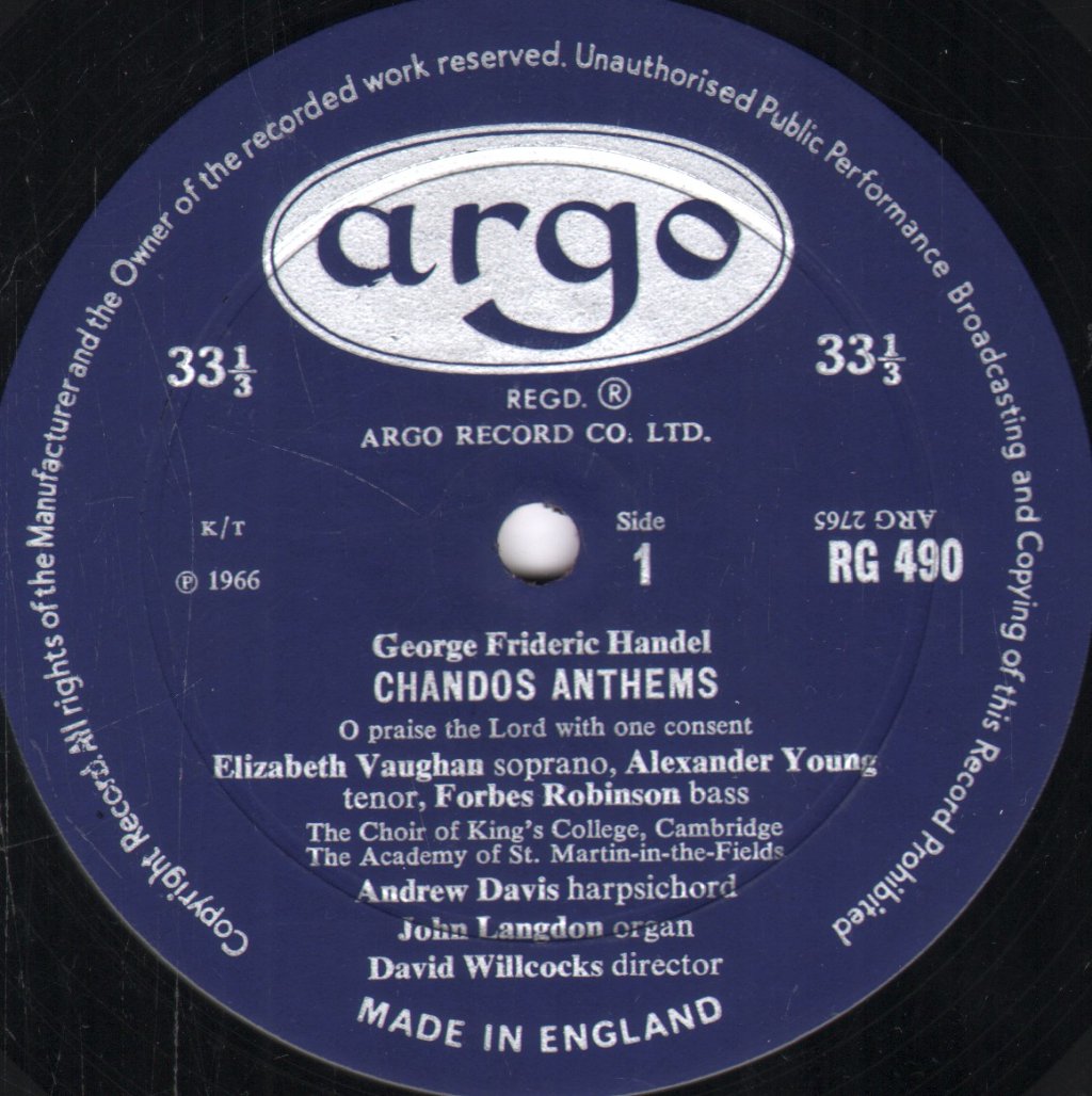 Elizabeth Vaughan / Alexander Young / Forbes Robinson / ASMF / David Willcocks - Handel - Chandos Anthems - Lp