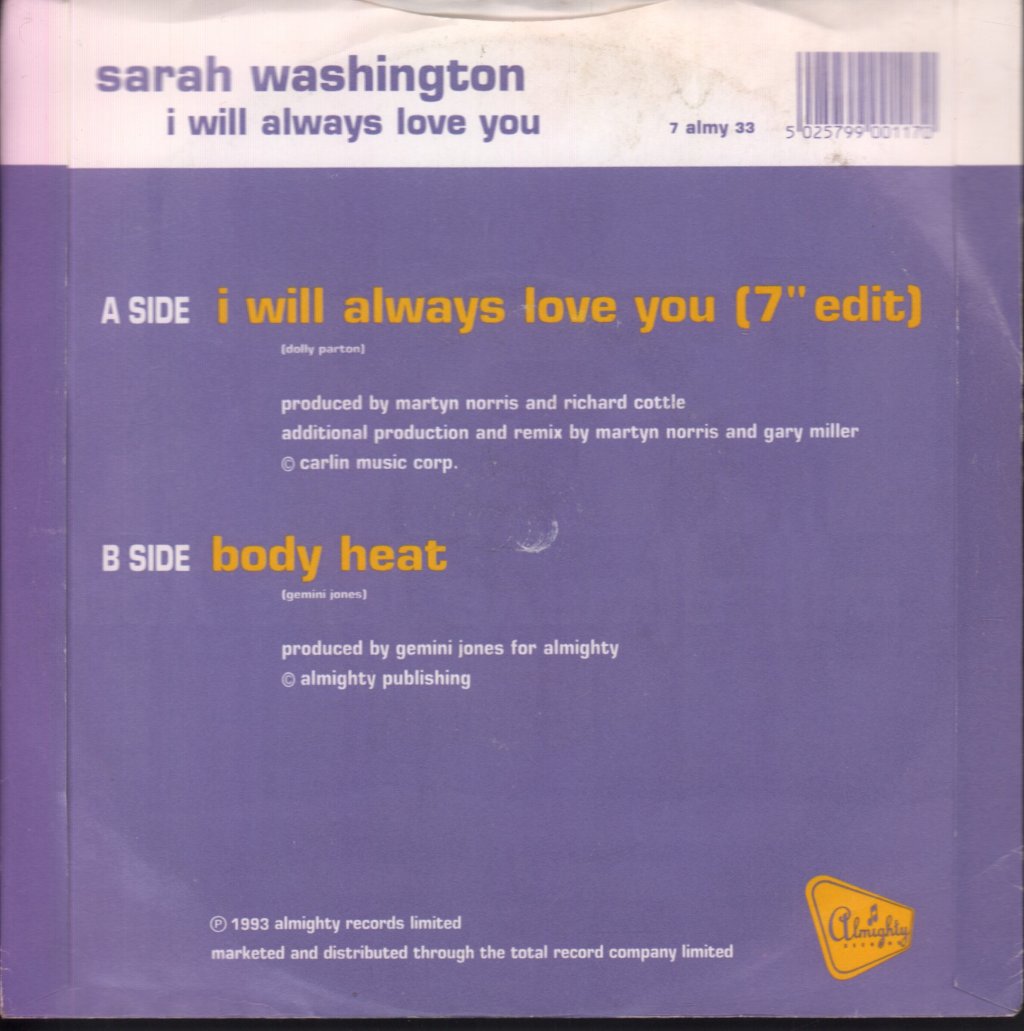 Sarah Washington - I Will Always Love You - 7 Inch