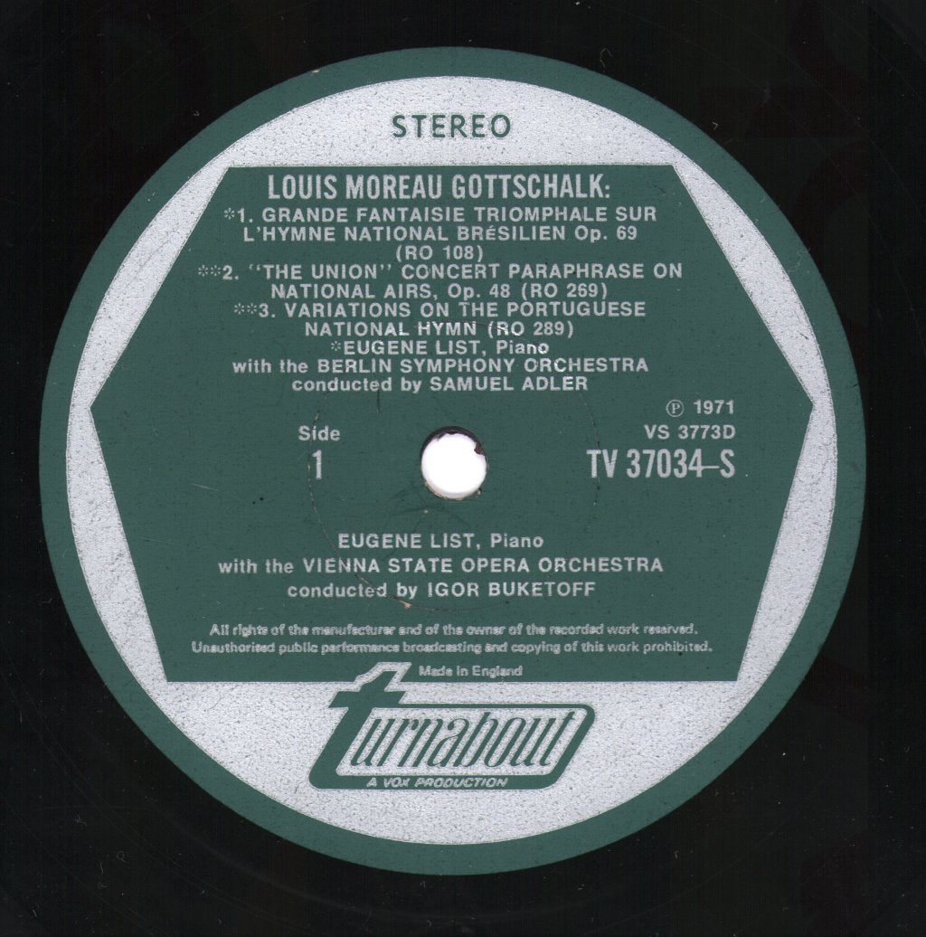 Eugene List / Igor Buketoff / Vienna State Opera Orchestra - Louis Moreau Gottschalk - Piano & Orchestral Works Volume 1 - Lp